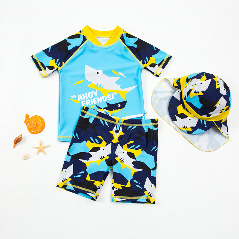 Children's swimsuit boy split suit kid boy baby professional hot spring swimsuit short sleeve sunscreen cap combination