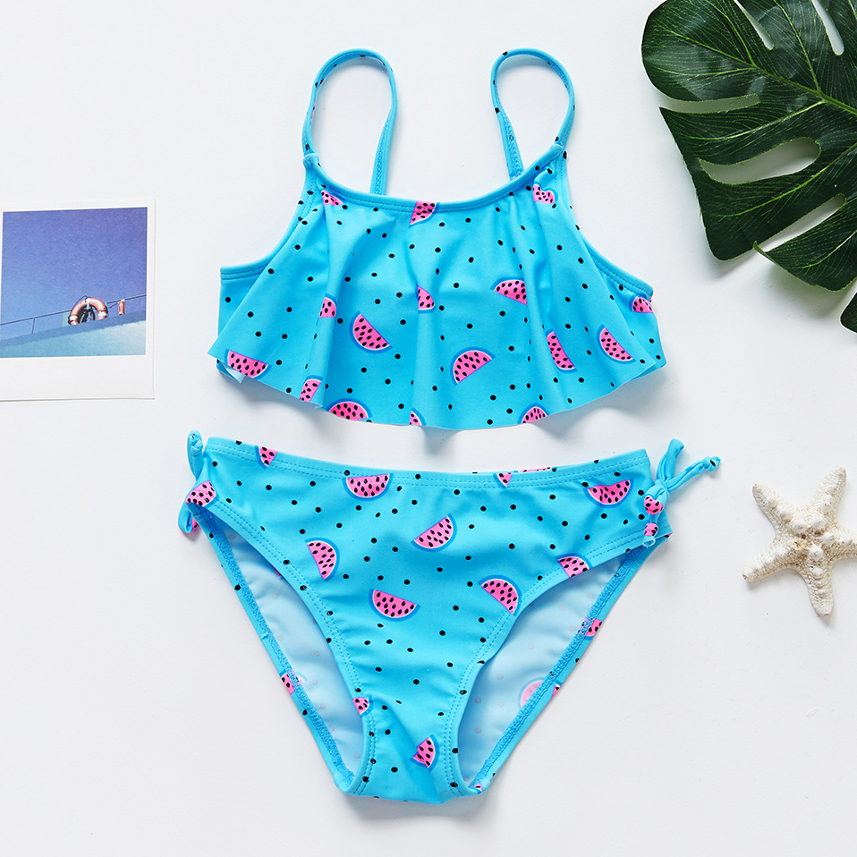 Watermelon-printed split swimsuit for children, flounces for girls