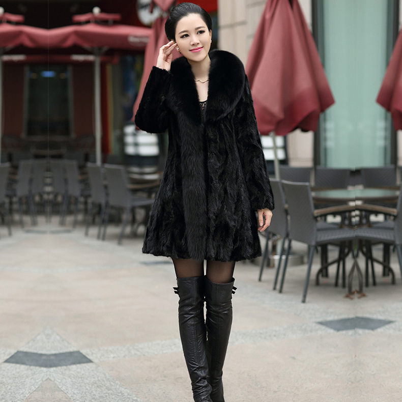 Haining mink fur Coat 2020 New Winter mid-length mixed mink women's mink coat, slim fox fur collar Specification image