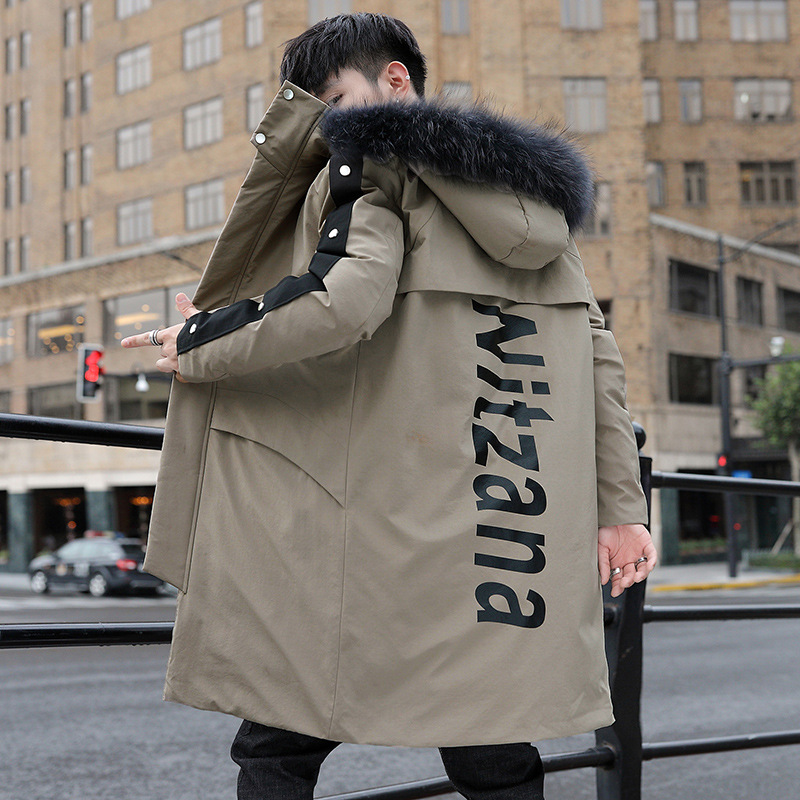 Men's mid-length cotton-padded jacket 2020 Winter new style letter youth color-blocked hooded cotton-padded jacket for men
