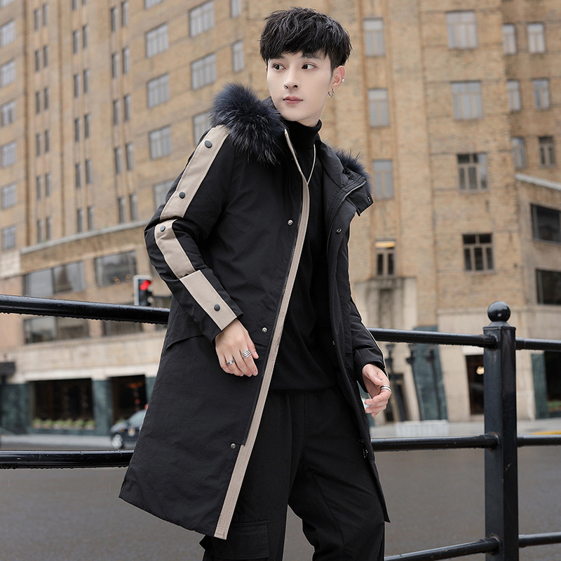 Men's mid-length cotton-padded jacket 2020 Winter new style letter youth color-blocked hooded cotton-padded jacket for men details Picture