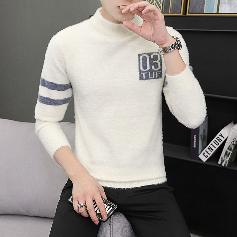Teen sweater Men's half-turtleneck imitation mink men's sweater lazy style thickened warm inside sweater