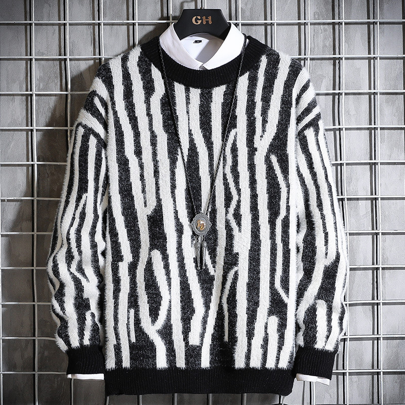 Round neck sweater men's fuzz mohair imitation sable thick winter Korean slim trend warm stripe sweater