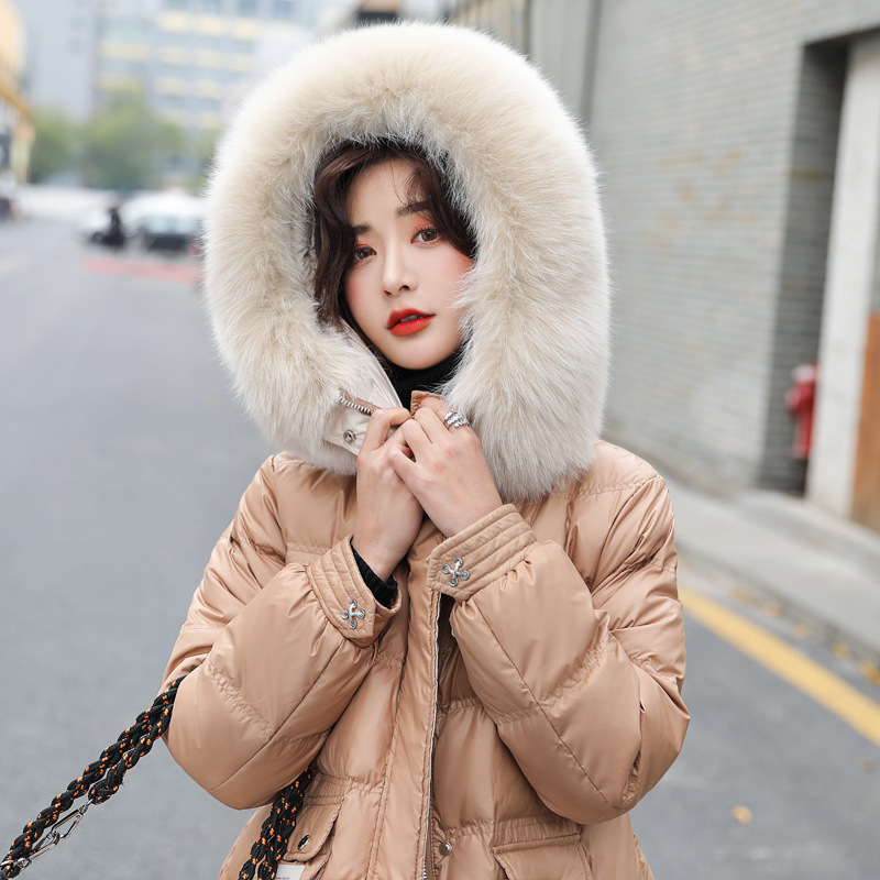 Fox fur down jacket for women, mid-length, 2020 winter new style, petite, waist-cinched, thickened, large fur collar white duck down coat