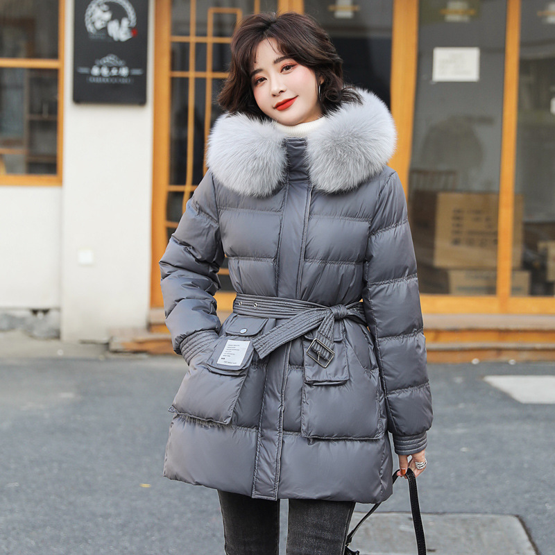 Fox fur down jacket for women, mid-length, 2020 winter new style, petite, waist-cinched, thickened, large fur collar white duck down coat details Picture