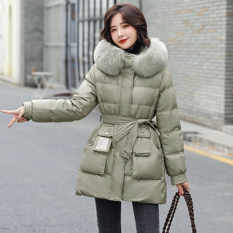 Fox fur down jacket for women, mid-length, 2020 winter new style, petite, waist-cinched, thickened, large fur collar white duck down coat Specification image