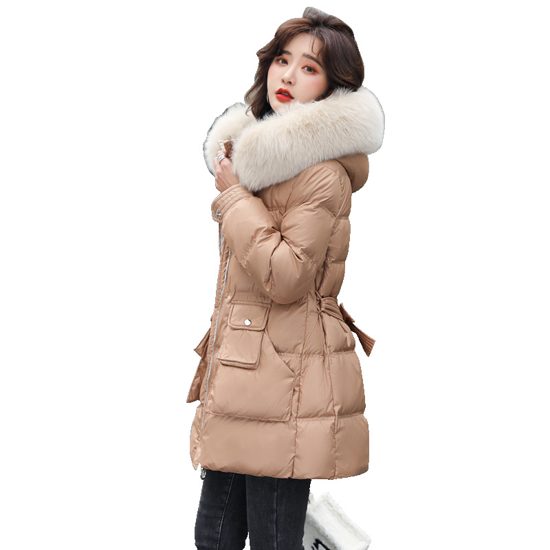 Fox fur down jacket for women, mid-length, 2020 winter new style, petite, waist-cinched, thickened, large fur collar white duck down coat Item Picture