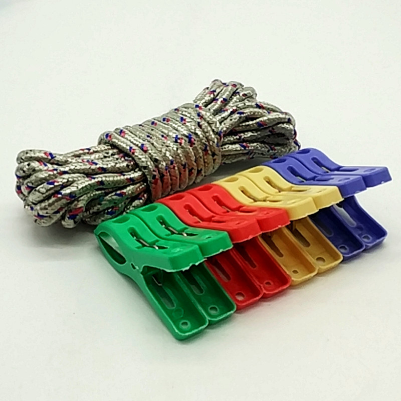Sunshine Department Store bagged 8 pieces of clips, 5-meter color braided rope, clothes drying rope, polypropylene rope, binding rope Item Picture