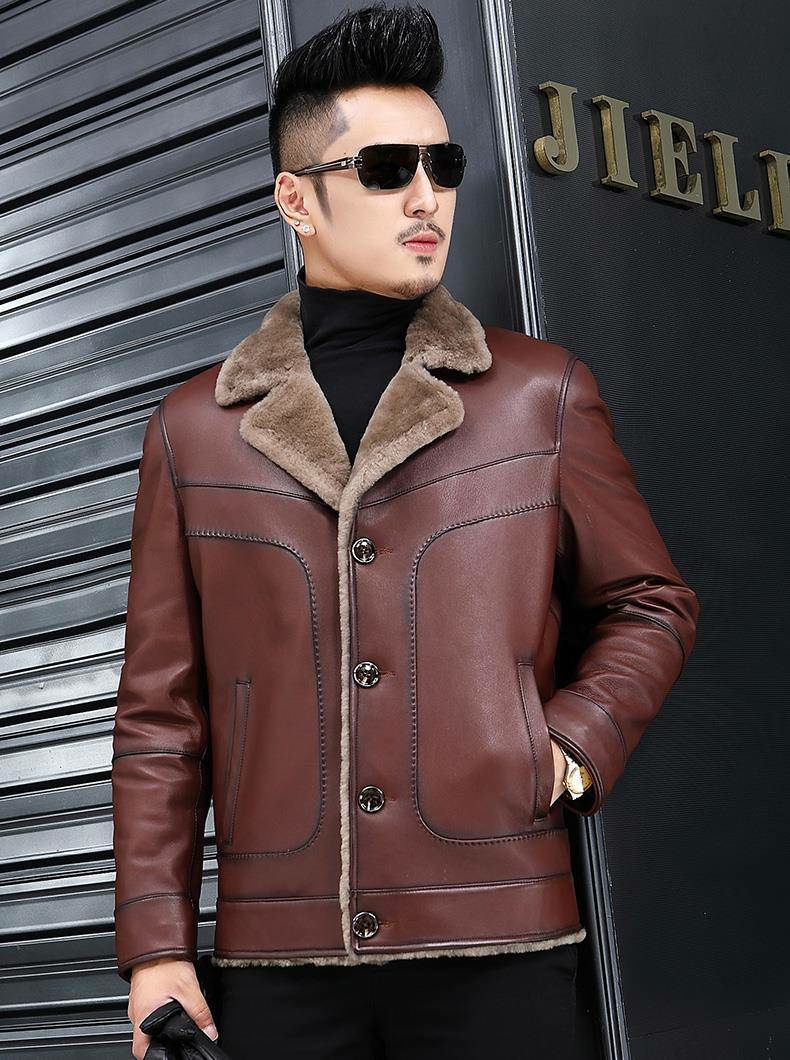 Winter new haining fur integrated leather leather men's short sheep leather jacket suit collar middle-aged coat