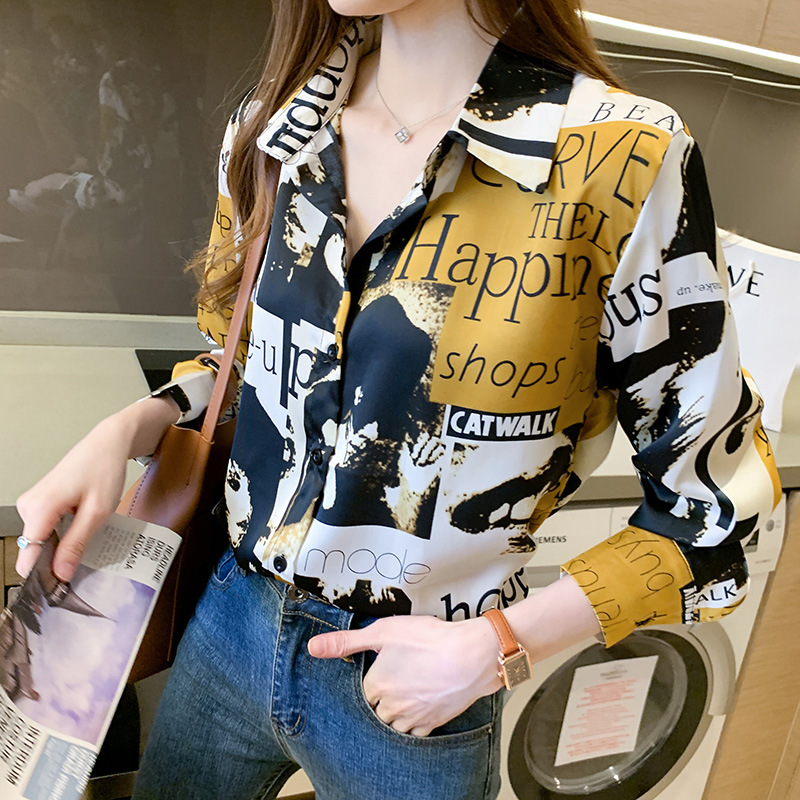 Hong Kong-style printed shirt for women, a niche design, a new 2020 early autumn style, stylish and retro Hong Kong-style chiffon long-sleeved top