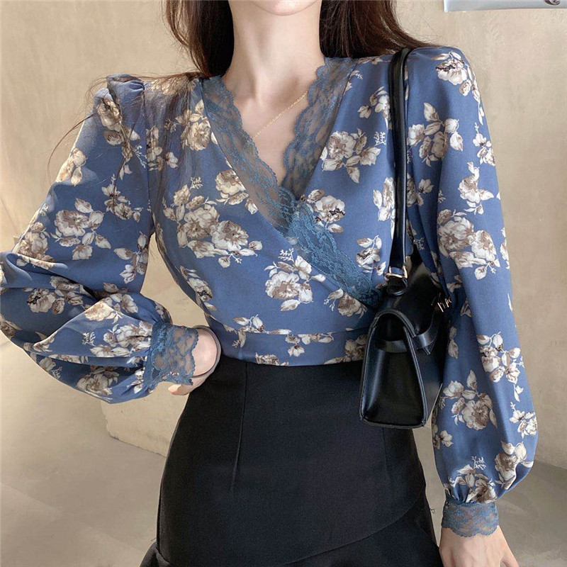 Autumn's new retro Hong Kong-style chiffon patchwork lace lace tie floral blouse for women, French style long-sleeved top details Picture