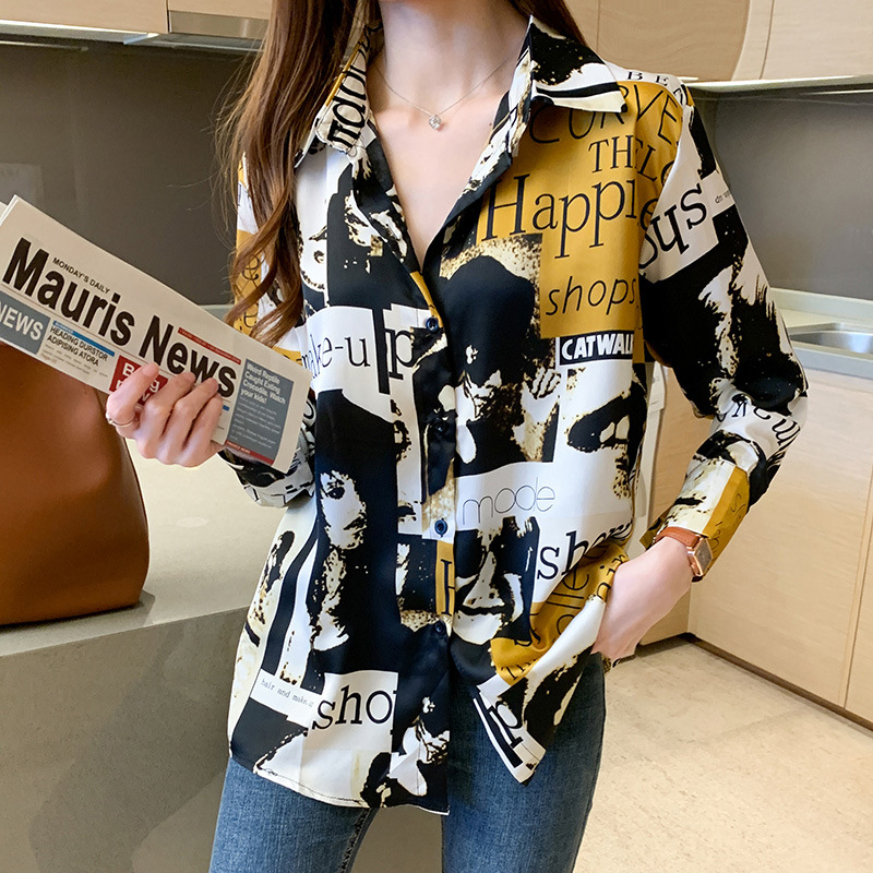 Hong Kong-style printed shirt for women, a niche design, a new 2020 early autumn style, stylish and retro Hong Kong-style chiffon long-sleeved top Item Picture