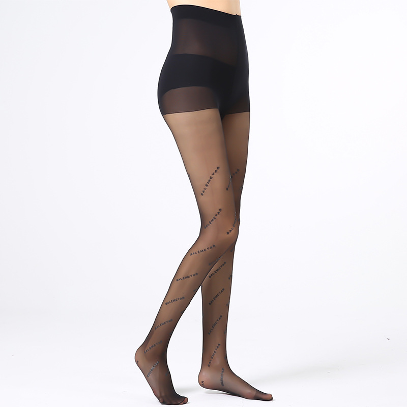 Yan Jie's 2022 Spring/Summer popular Parisian letter silk stockings, printed women's thin base pantyhose, wholesale from European and American manufacturers, one-piece consignment Specification image