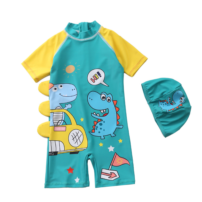 Children's swimsuit Boy's one-piece swimsuit Korean dinosaur hat swimsuit Long sleeve beach suit sun protection hot spring swimsuit