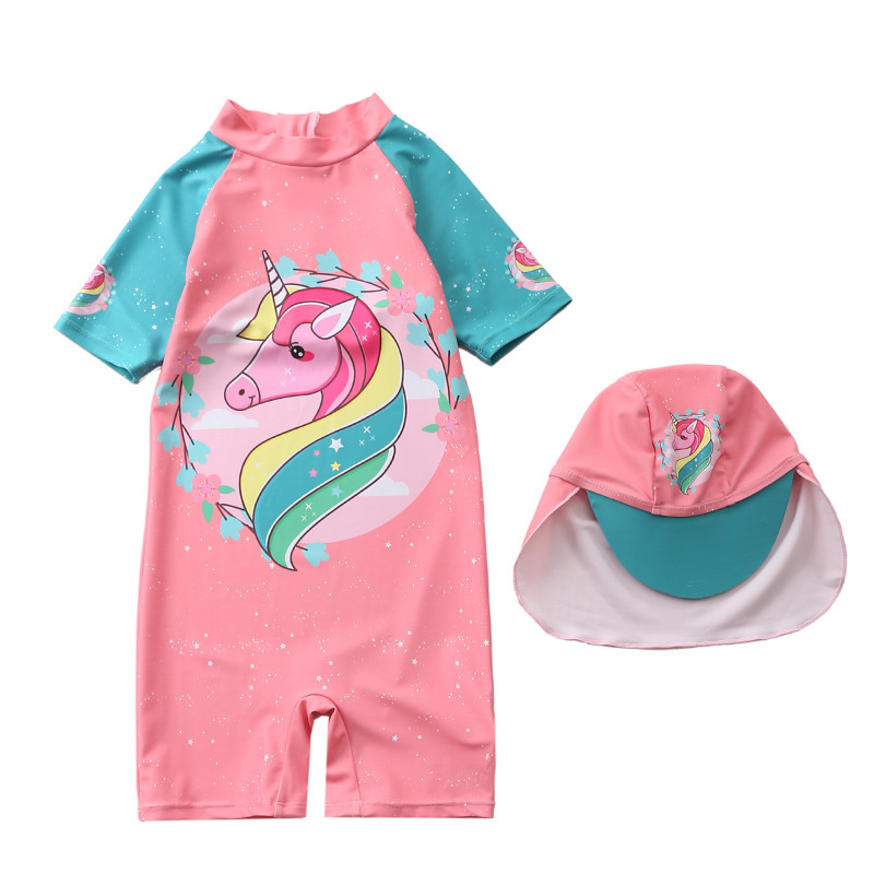 Children's swimsuit Girls one-piece swimsuit Korean dinosaur hooded swimsuit long sleeve beach suit sun protection hot spring swimsuit