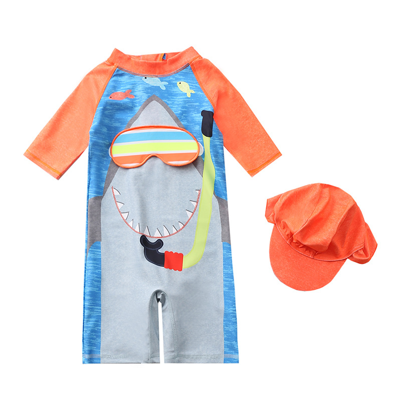 Children's swimsuit Boy's one-piece Fish shark swimsuit Children's baby beach suntan suit with hat swimsuit thumbnail