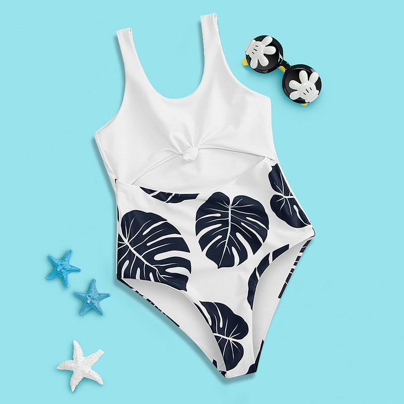 European and American girls one-piece swimsuit white leaf printing for children and girls double swimsuit