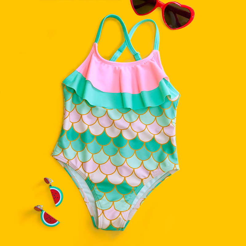 Fashionable European and American children one-piece swimsuit girls mermaid suspenders fish-scale printing foreign trade swimsuit