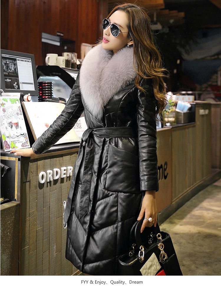 100% sheep leather Haining leather down cotton coat women's mid - length trim fox fur coat