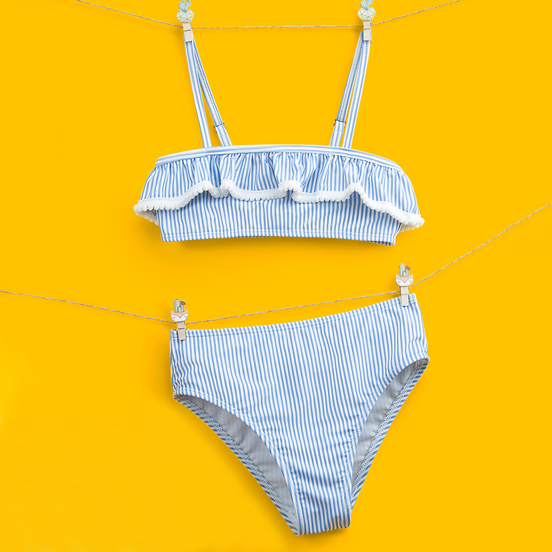 Europe and the United States children's swimsuit girl new fashion blue and white bar big girl bikini body foreign trade swimsuit