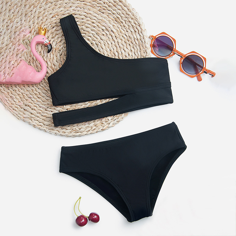 European foreign trade children swimsuit girls new sexy girls split bikini black one shoulder swimsuit