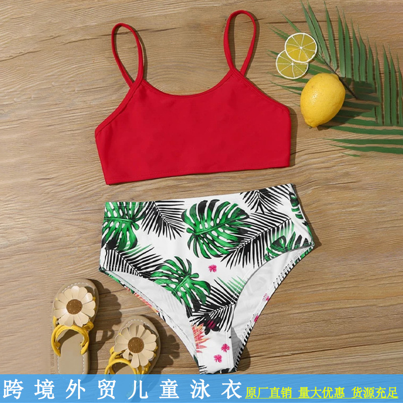 Boho children's swimsuit girls trade cuHK girls bikini split leaf printed swimsuit