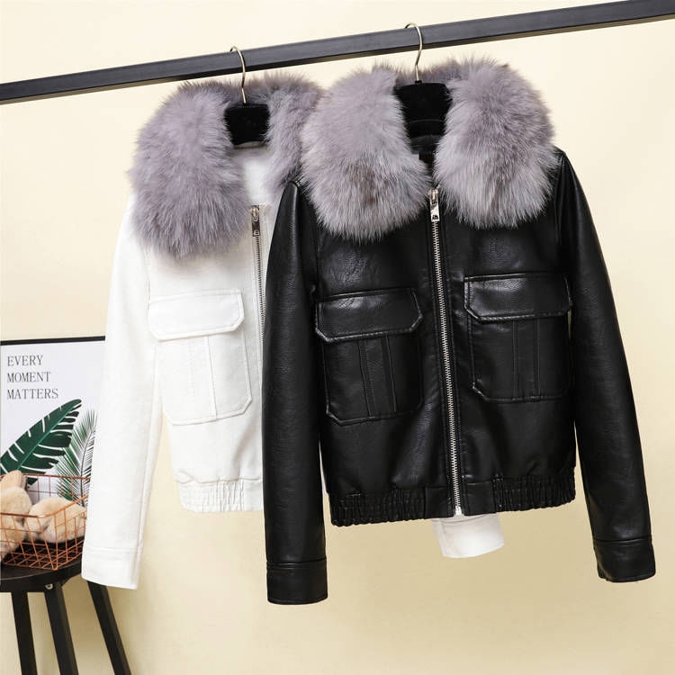Winter 2020 new big hair collar thickened Korean cotton-padded jacket PU leather jacket small jacket motorcycle wear female fashion