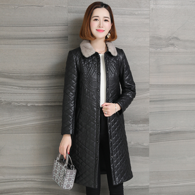 Autumn and winter genuine leather jacket for women, long mink collar sheepskin jacket with cotton, Korean-style coat