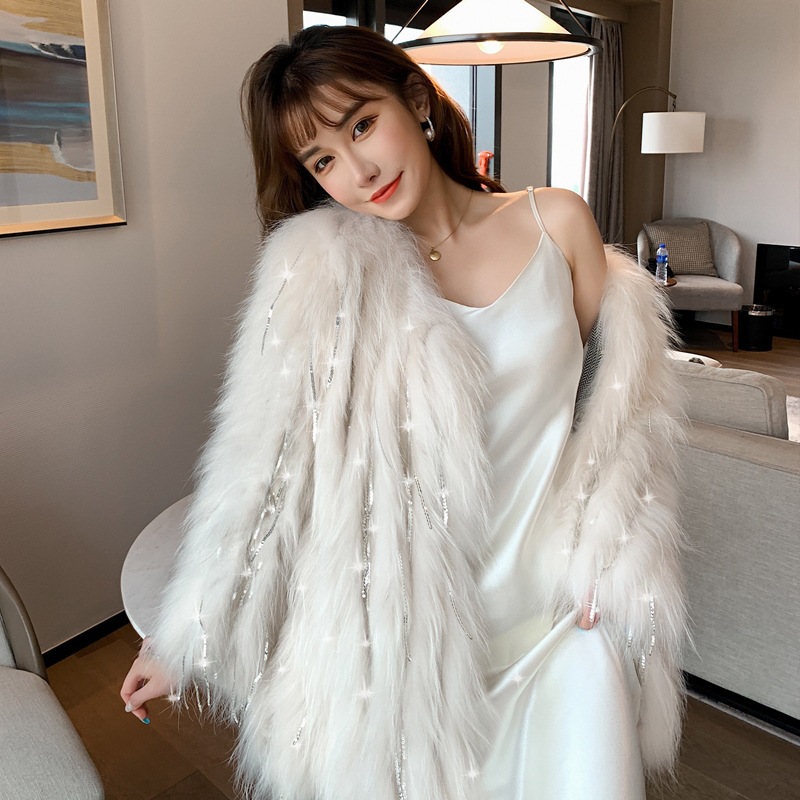 高端定制Biling水钻流苏亮片车条貉子毛编织仿皮草外套女短款网红