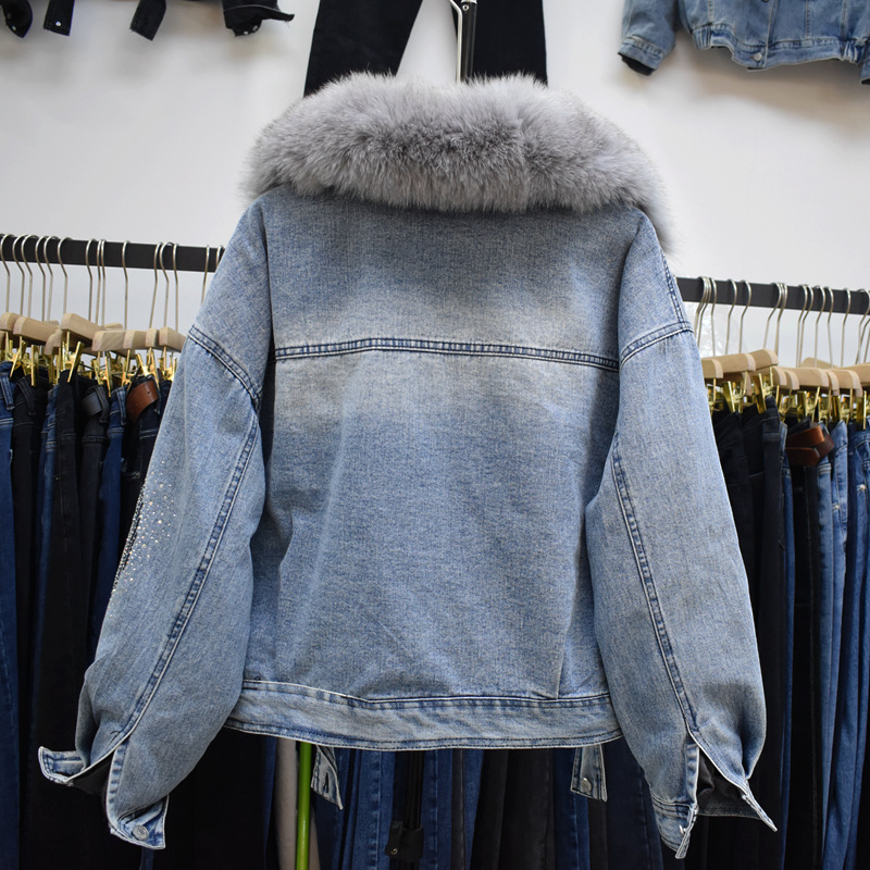 Winter embroidered and diamond-encrusted oversized real fox fur collar 90 white duck down detachable inner lining denim down jacket details Picture