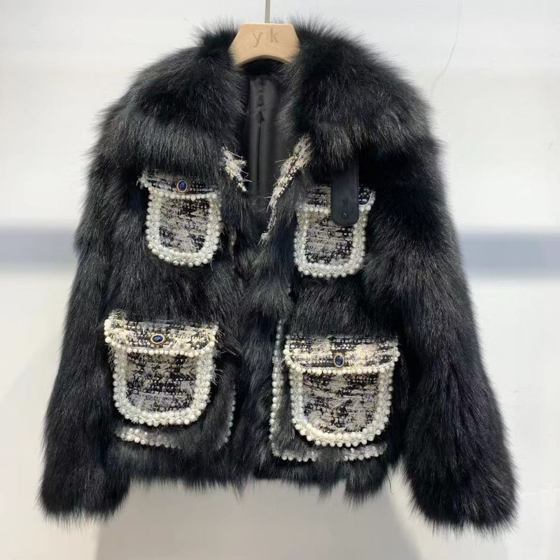coco Genuine Fur "Retro Fragrance" Pearl pocket design Rex rabbit fur coarse-spun small fragrance style fur coat details Picture