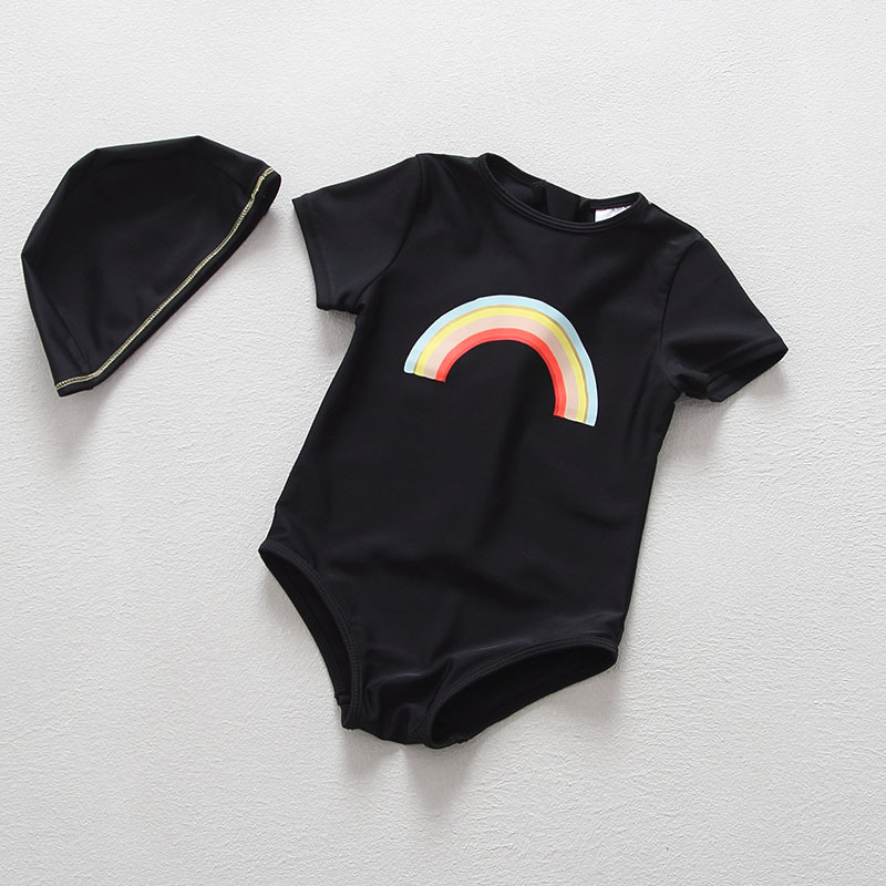 Tide kids rainbow one-piece swimsuit sun protection swimsuit girl baby Baby Princess swimsuit with hat