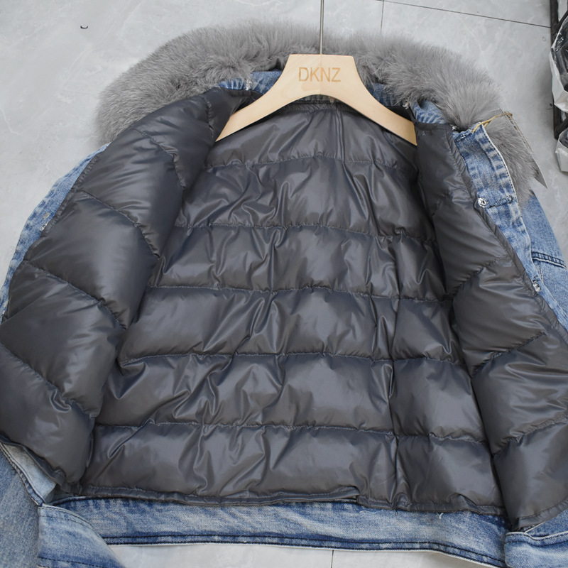 Winter embroidered and diamond-encrusted oversized real fox fur collar 90 white duck down detachable inner lining denim down jacket Specification image
