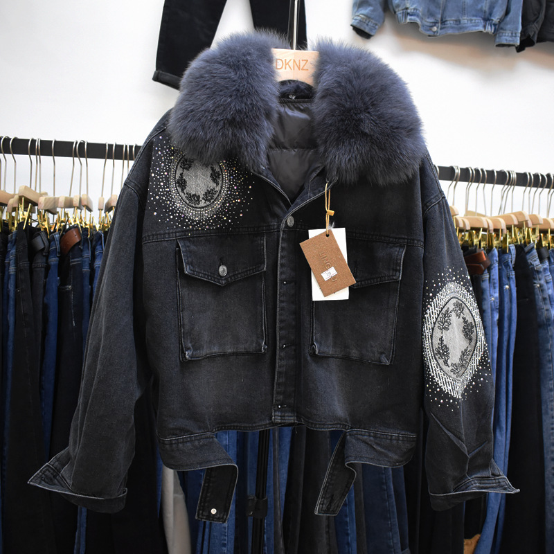Winter embroidered and diamond-encrusted oversized real fox fur collar 90 white duck down detachable inner lining denim down jacket Item Picture