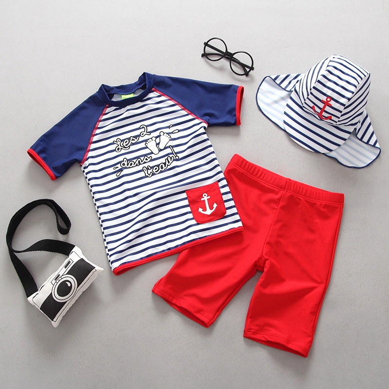 Korean-style children's swimsuits, navy striped beach surfing suits, boys' sun protection and UV protection swimming suits and pants sets