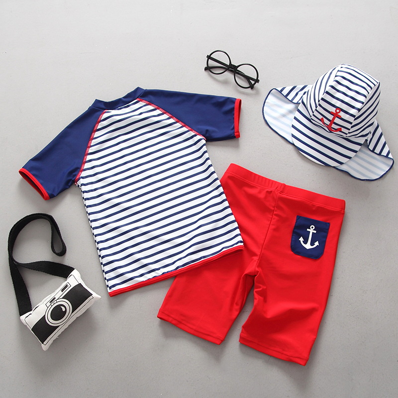 Korean-style children's swimsuits, navy striped beach surfing suits, boys' sun protection and UV protection swimming suits and pants sets details Picture