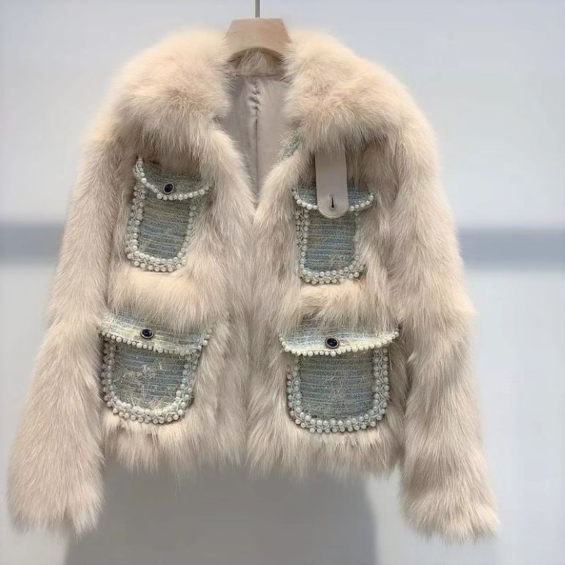 coco Genuine Fur "Retro Fragrance" Pearl pocket design Rex rabbit fur coarse-spun small fragrance style fur coat