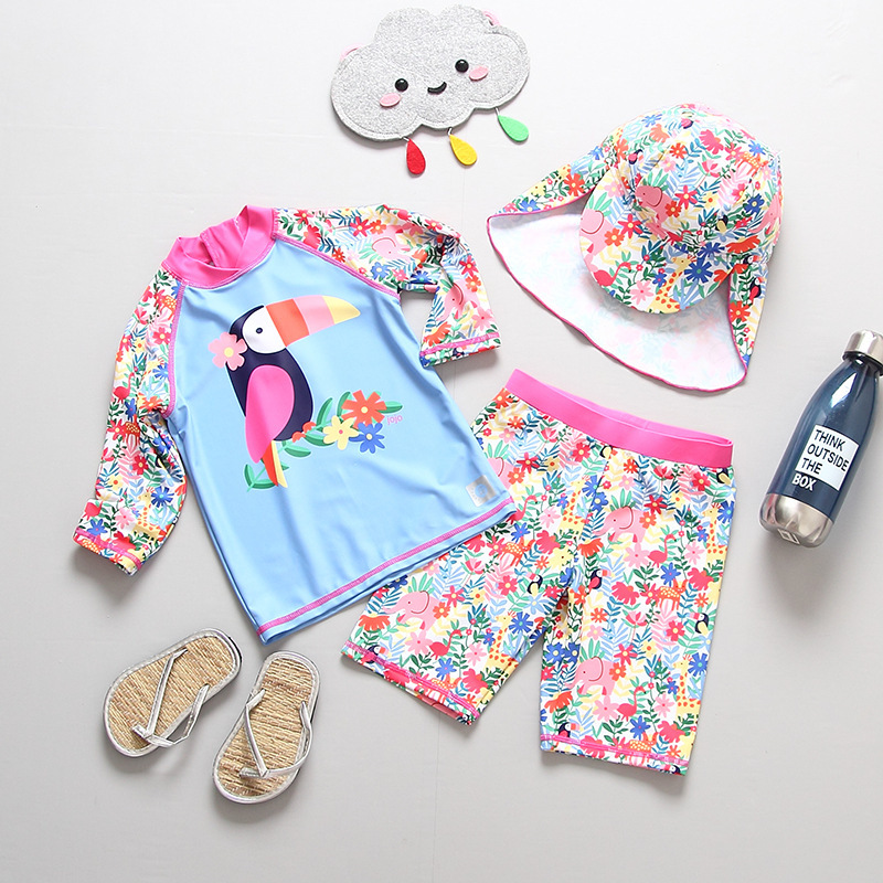 Korean style girls' swimsuits, ins, long-sleeved sun protection, quick-drying and warm surfing suits for babies and children, trendy