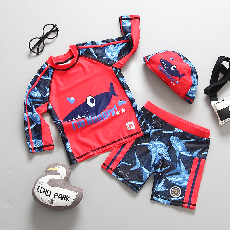 Foreign trade children swimsuit boy long sleeve split body swimsuit boy big child shark baby swimsuit set