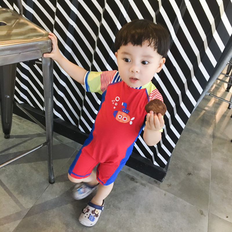 New Hanfan children's swimsuit boy one-piece short sleeve sun block color stripe swimsuit baby baby swimsuit