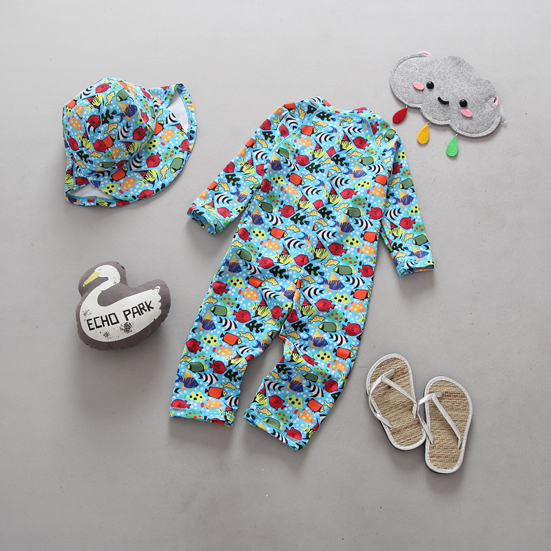 Korean children's swimsuits, long-sleeved shirts and long pants, warm, sun-protective and UV-resistant baby surf suit set details Picture