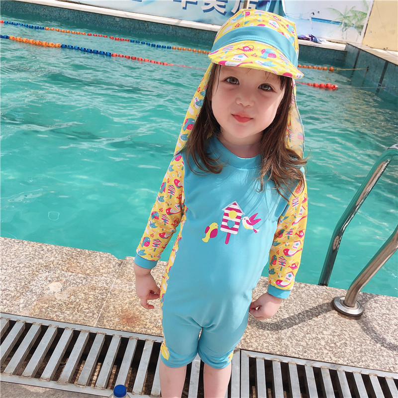 South Korea INS baby swimsuit children Siamese little child baby girl Korean princess surfer suit with hat