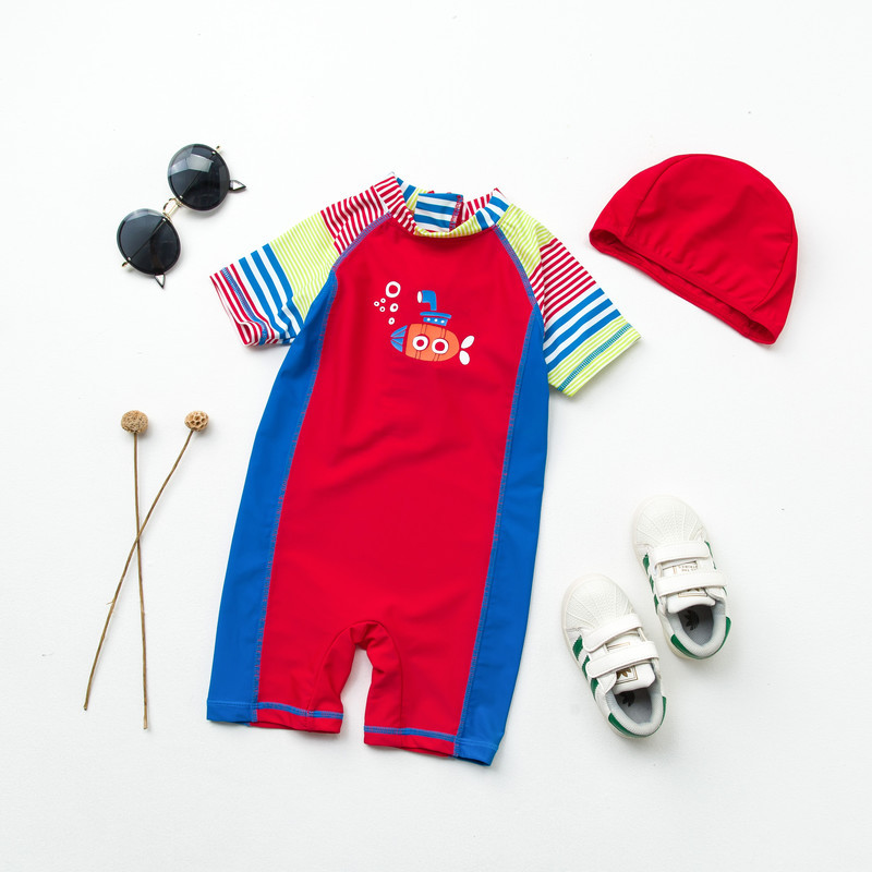 Han Fan children swimsuit boy cute diver national striped wind suntan surf suit with hat