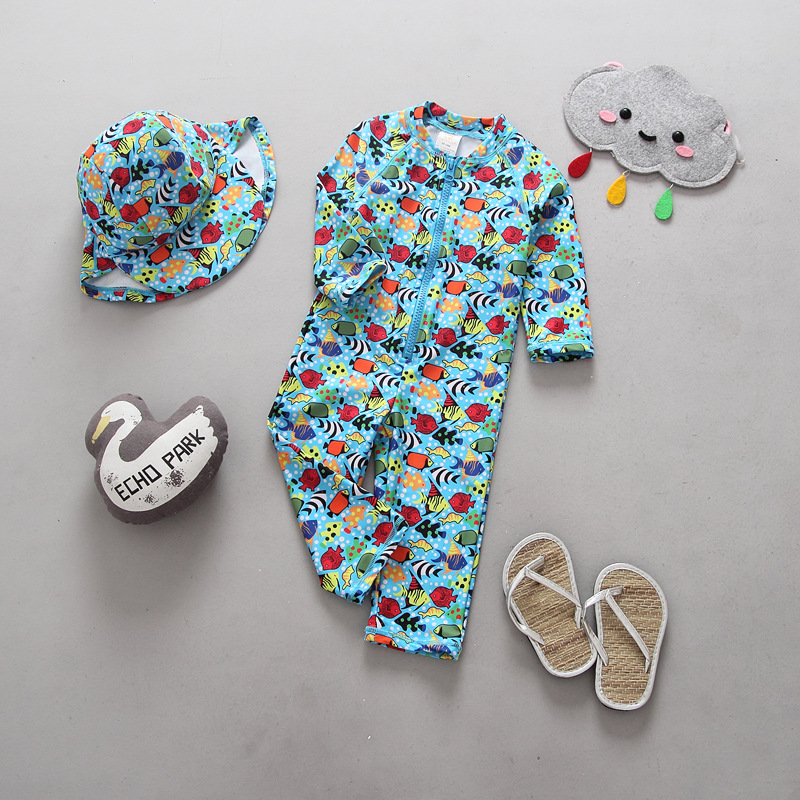 Korean children's swimsuits, long-sleeved shirts and long pants, warm, sun-protective and UV-resistant baby surf suit set
