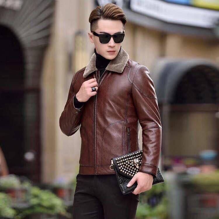 Winter new haining leather down jacket for men sheep skin short style wool lapel leather jacket for men