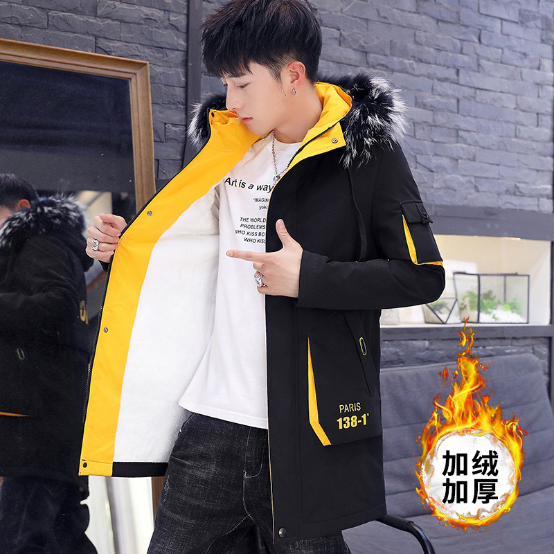 2020 winter cotton-padded jacket for men, thickened with fleece, student cotton-padded clothes, slimming men, stylish and versatile, medium-length cotton-padded jacket details Picture