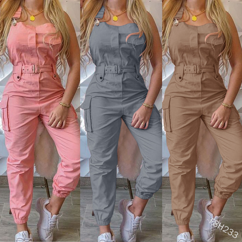 Cross-border 2020 Women's workwear one-piece pants, solid color belted sleeveless overalls, simple and casual skinny pants