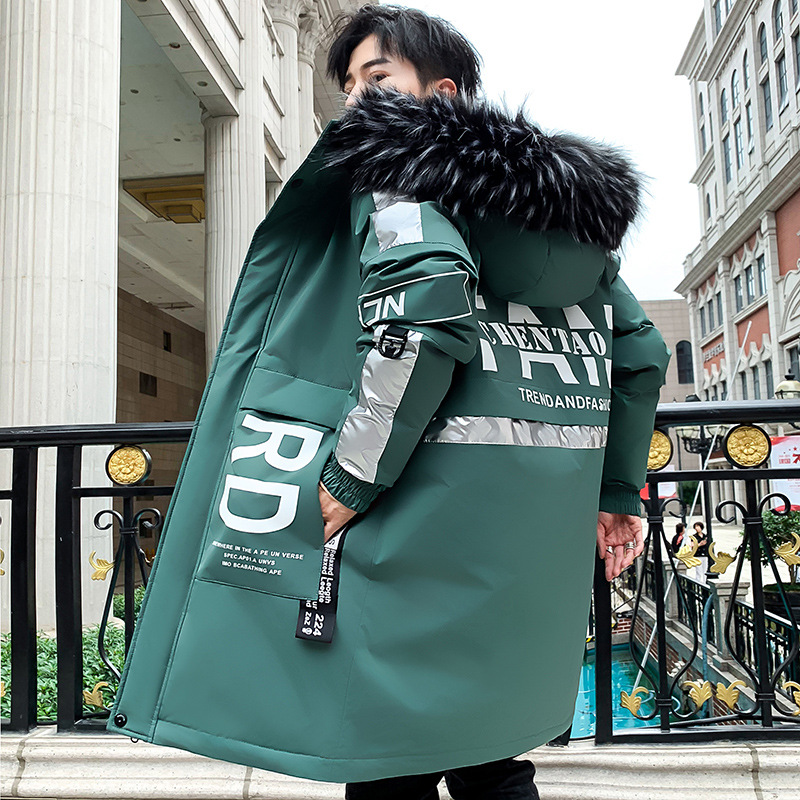 Men's mid-length, trendy new down cotton-padded jacket with a large fur collar and thickened winter coat. Korean version winter cotton-padded jacket