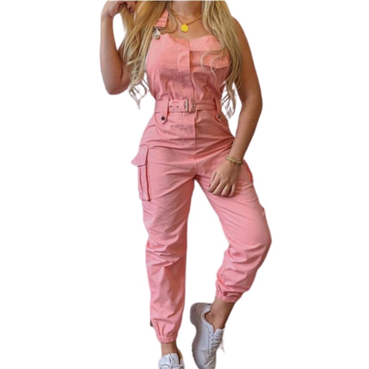 Cross-border 2020 Women's workwear one-piece pants, solid color belted sleeveless overalls, simple and casual skinny pants Item Picture