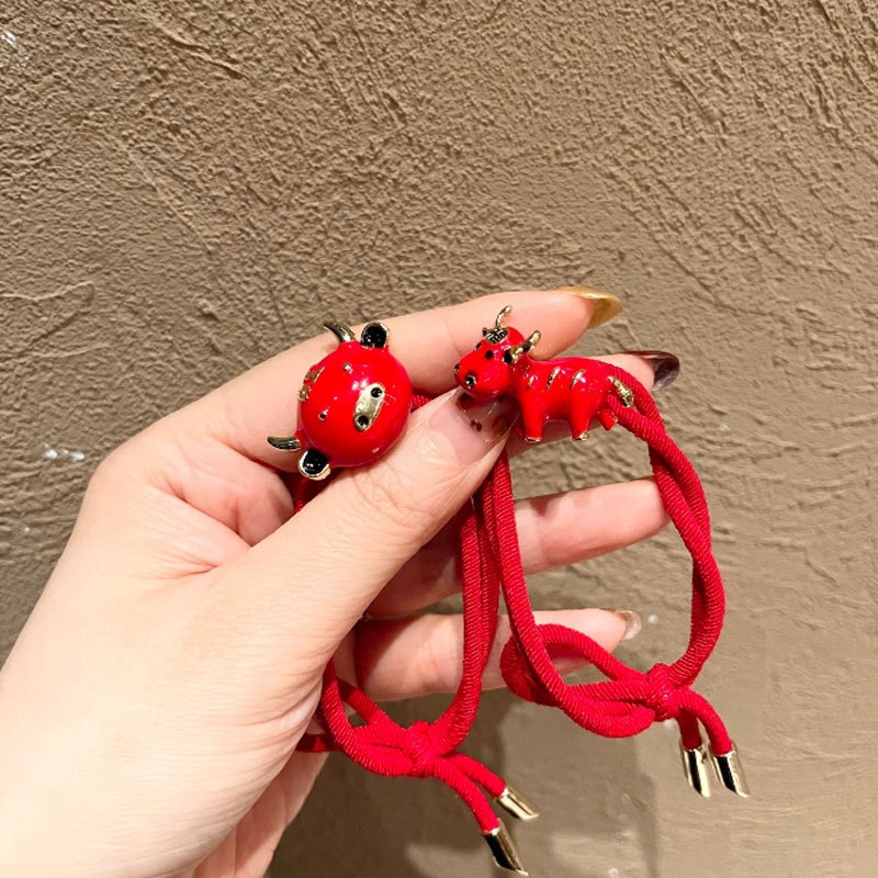 Korean New Year red string hair band, New Year of the Ox zodiac year headband, bracelet style rubber band, new bun hairstyle New Year's Eve headwear details Picture
